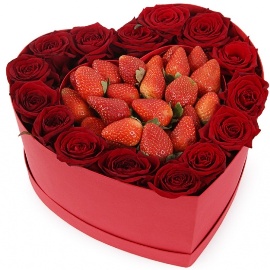 Strawberry and Roses in a Heart Box
